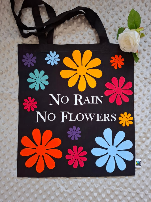 Fairtrade Baumwolltasche - NO RAIN NO FLOWERS - 100 % Bio-Baumwolle mit langen Henkel - AC Designs