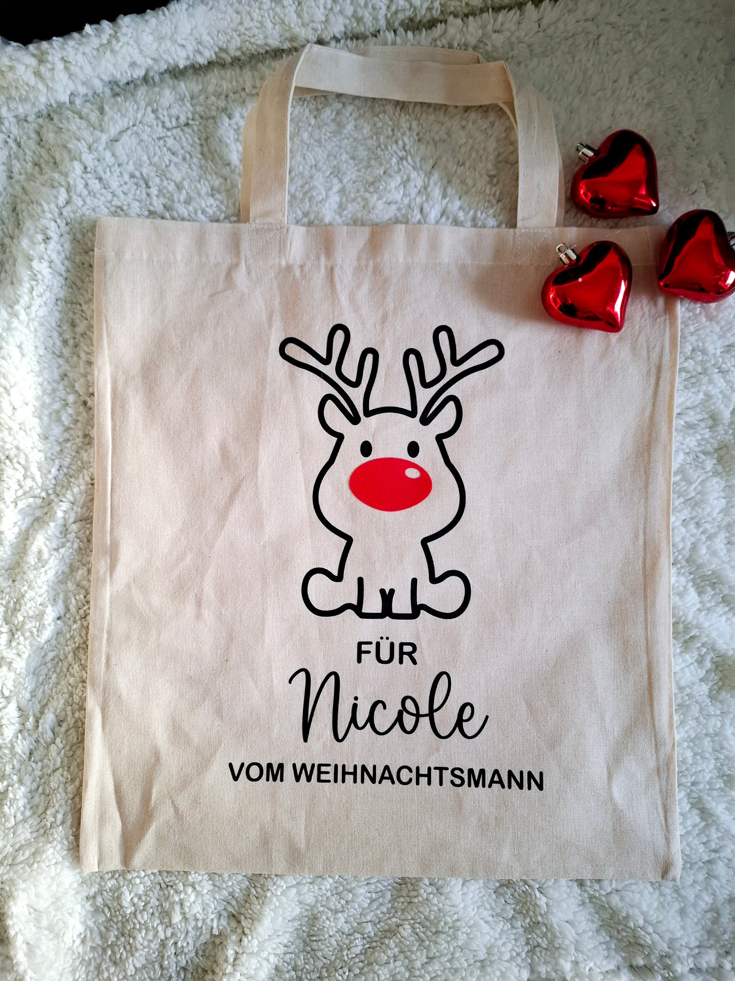 Tote Bag mit einem sĂŒĂen Rentiermotiv â ideal fĂŒr den Einkauf oder als Weihnachtsgeschenk.