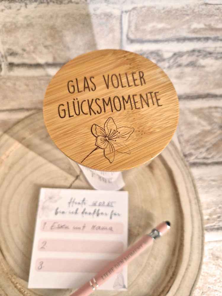 Dankbarkeits-Set – Glas voller Glücksmomente mit graviertem Deckel, Notizblock & Kugelschreiber