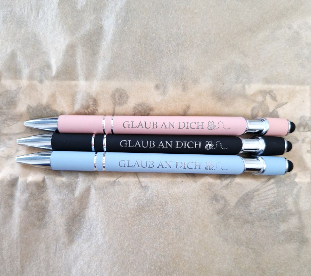 Personalisierter Kugelschreiber „Glaub an dich“ – Edler Metallstift in Morandi-Farben mit Gravur & Touch-Spitze