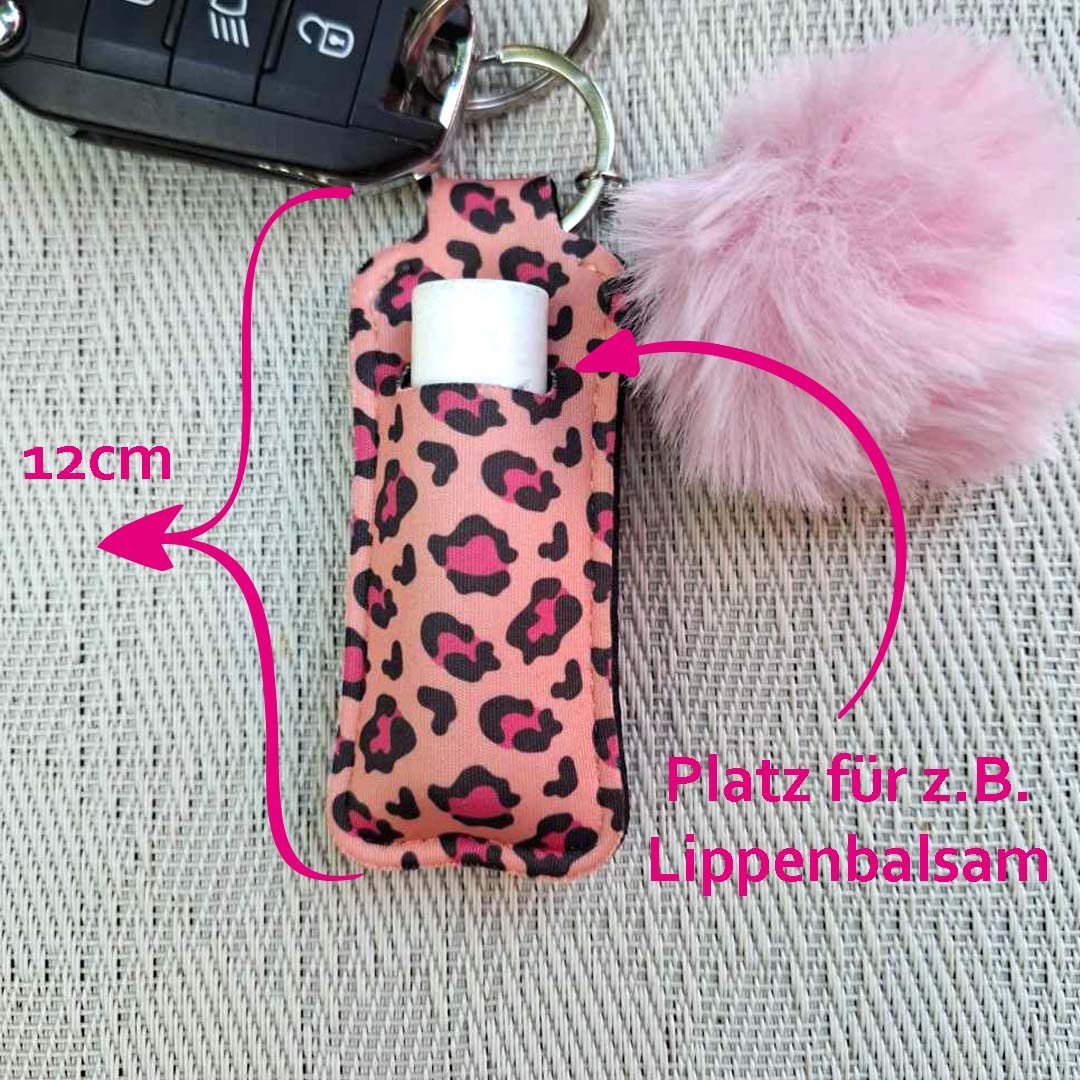 Stylisches Schlüsselband aus Neopren mit Lippenstifthalter & Pom Pom – Animalprint in Rosa/Pink