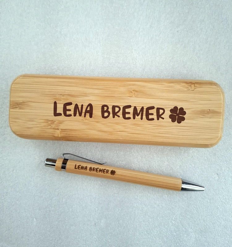 Schreibset mit Kleeblatt-Gravur | Personalisiertes Geschenk in Holzbox