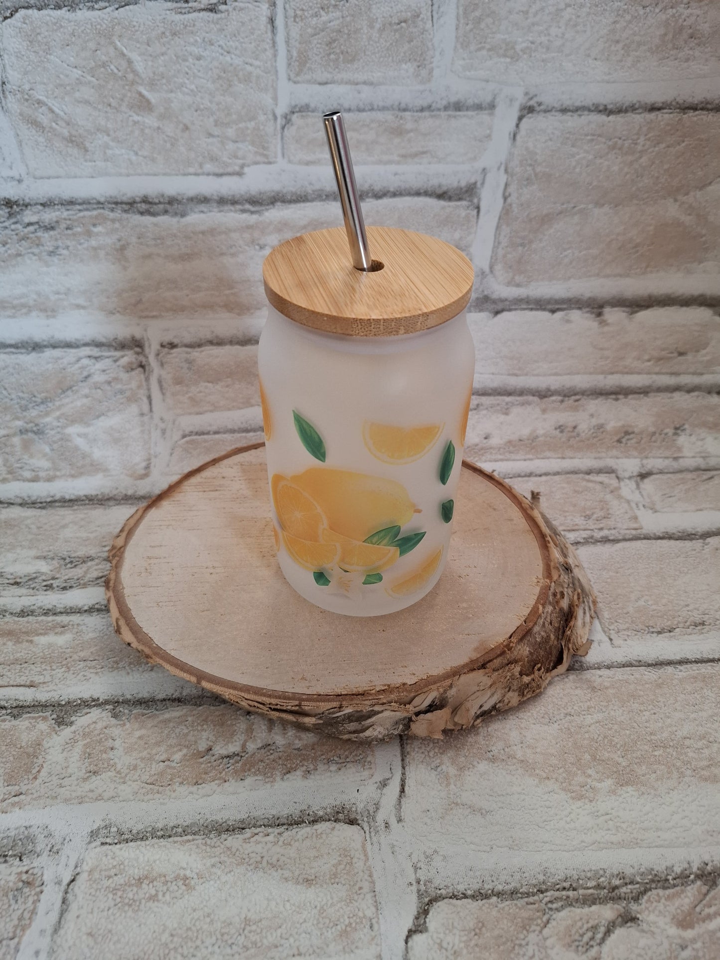 Zitronen-Motiv Glas mit Bambusdeckel & Edelstahlhalm – 400 ml Spaß für Smoothies & Co.! - AC Designs