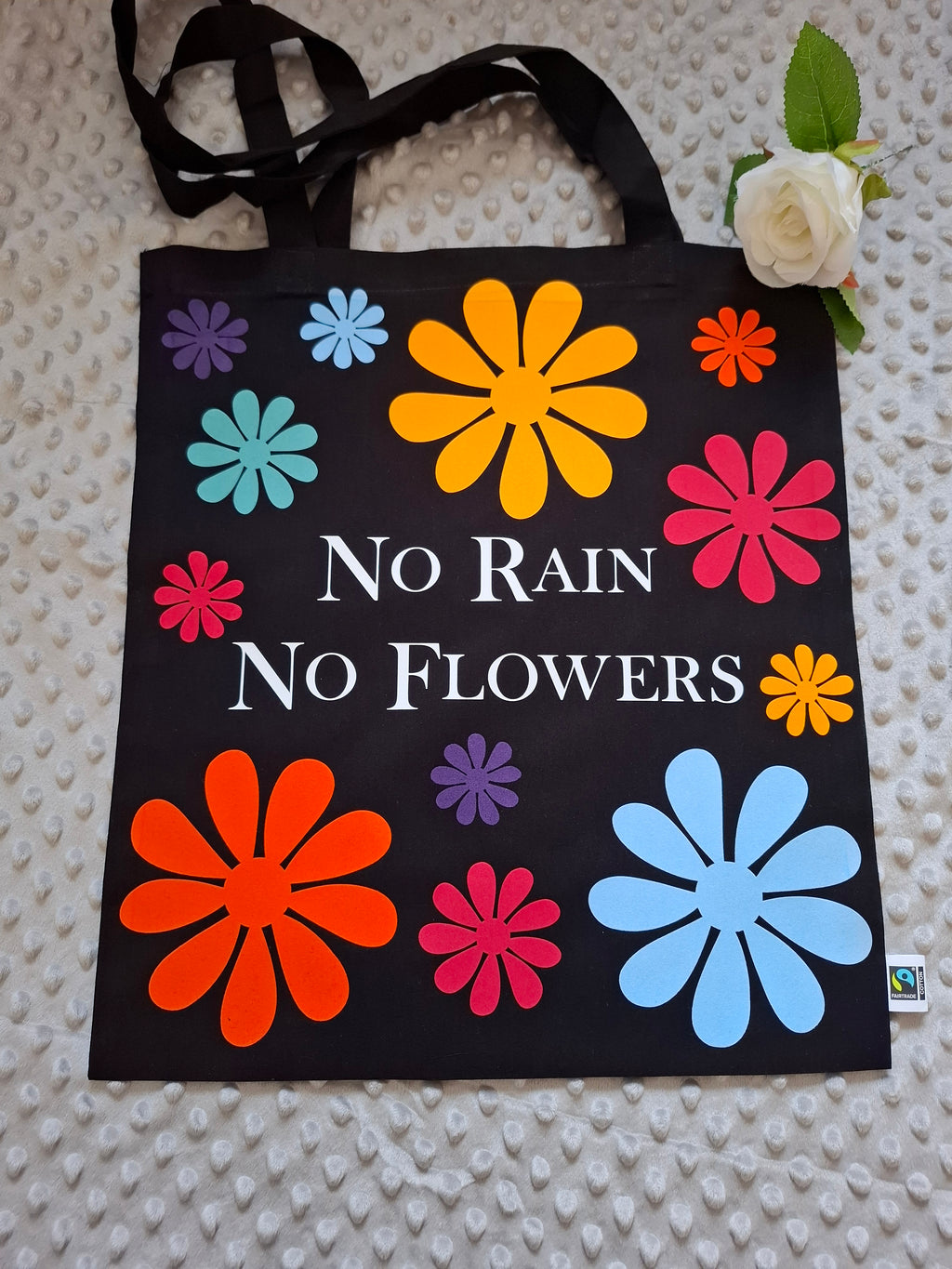 Fairtrade Baumwolltasche - NO RAIN NO FLOWERS - 100 % Bio-Baumwolle mit langen Henkel - AC Designs