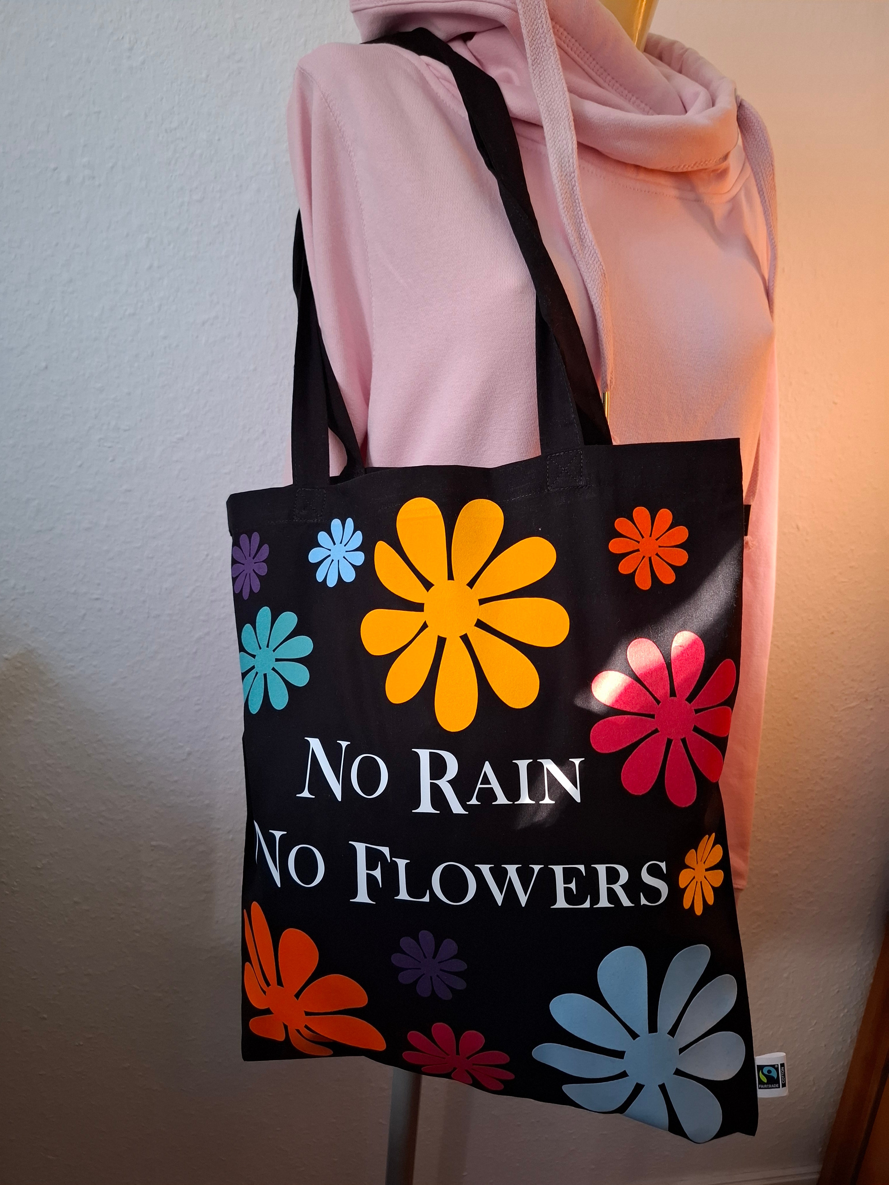 Fairtrade Baumwolltasche - NO RAIN NO FLOWERS - 100 % Bio-Baumwolle mit langen Henkel - AC Designs
