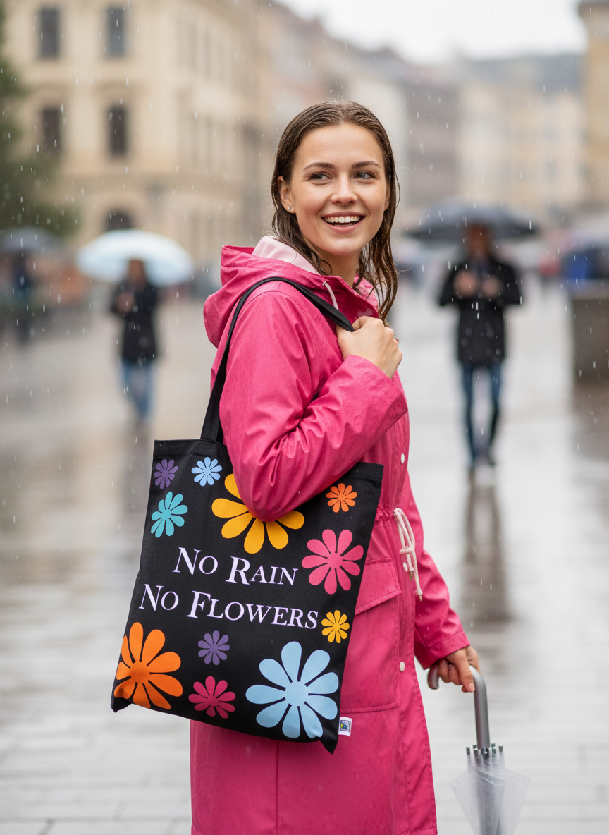 Fairtrade Baumwolltasche - NO RAIN NO FLOWERS - 100 % Bio-Baumwolle mit langen Henkel