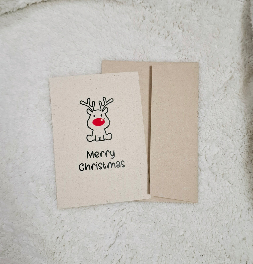  Weihnachtskarte im A5-Format mit einem Rentier und dem Text "Frohe Weihnachten".