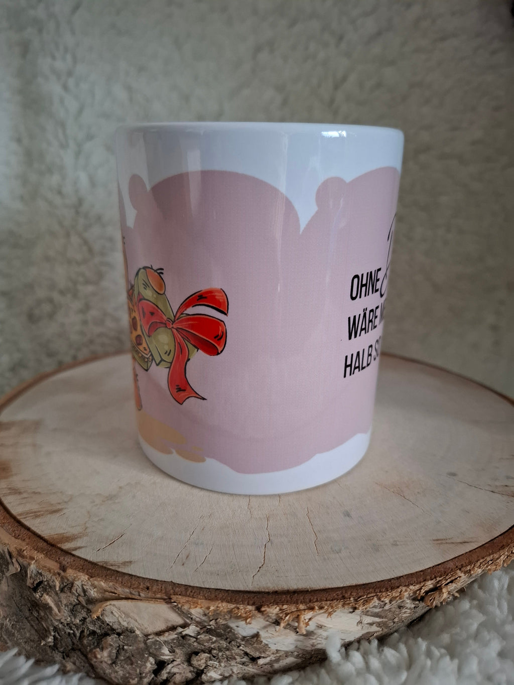 bedrucktes Becher zum Valentinstag oder für den/die Liebsten
Bärchen mit Pralinenschachtel und Text "ohne dich wäre mein Leben halb so Süss"