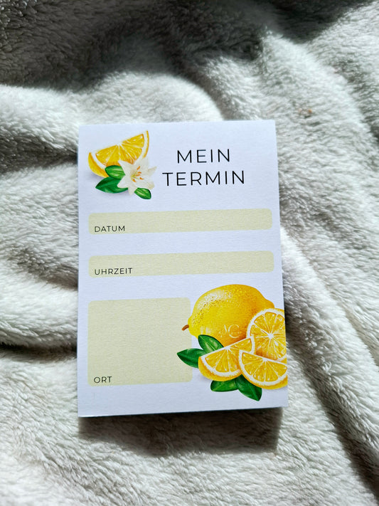 A7 Terminblock mit Zitronen-Motiv – Notizblock mit Datum, Uhrzeit & Ort-Feldern aus festem 120g Naturpapier