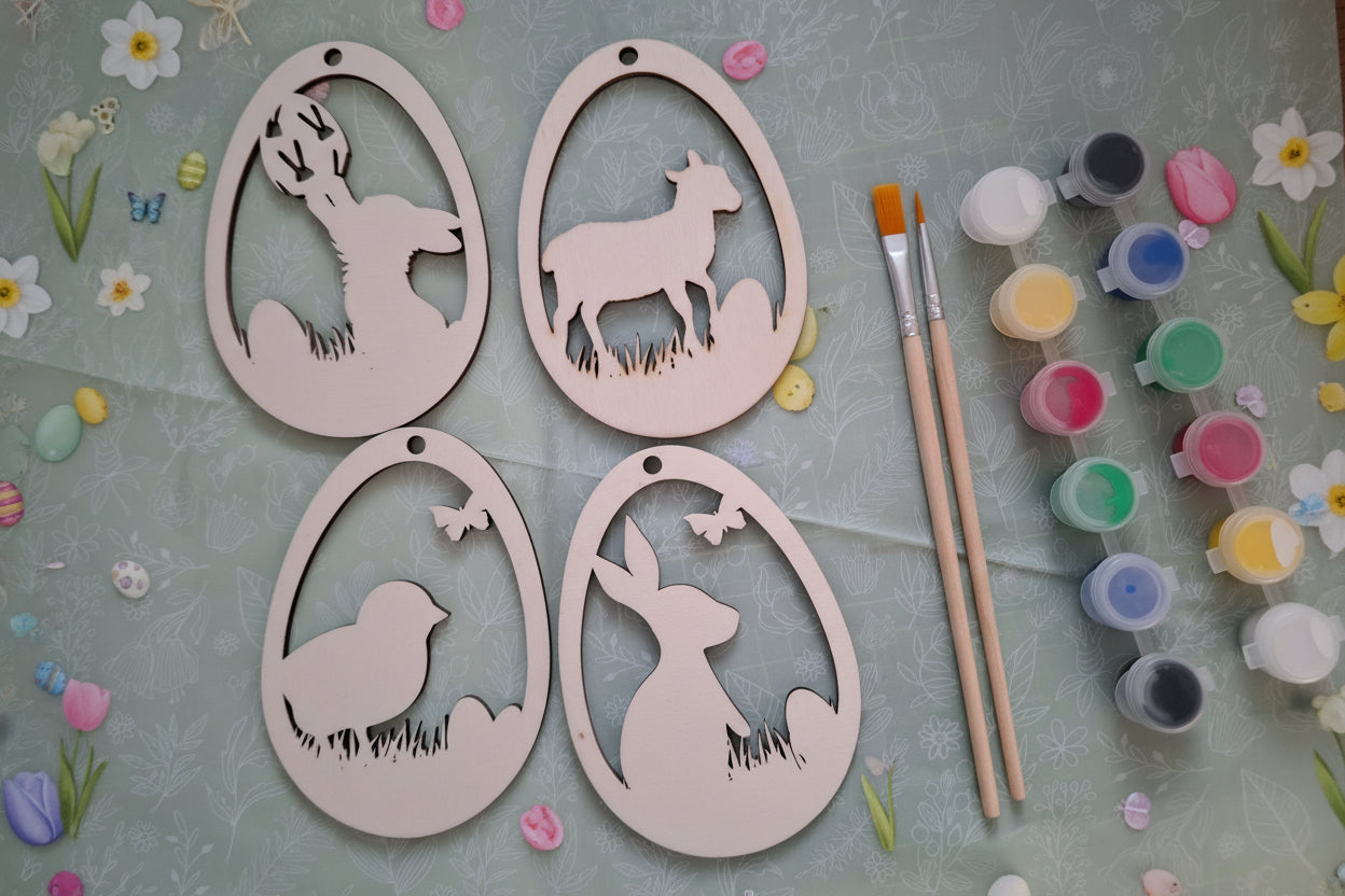 Holz Osterei Anhänger 4er SET – Hase, Küken & Schaf – Bastelrohlinge aus Sperrholz