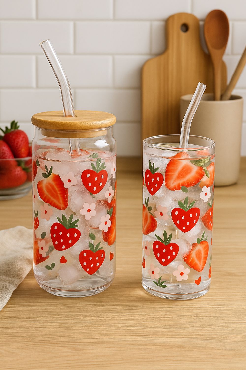 Fruchtiger Erdbeer-Bambusglas mit Glasstrohhalm