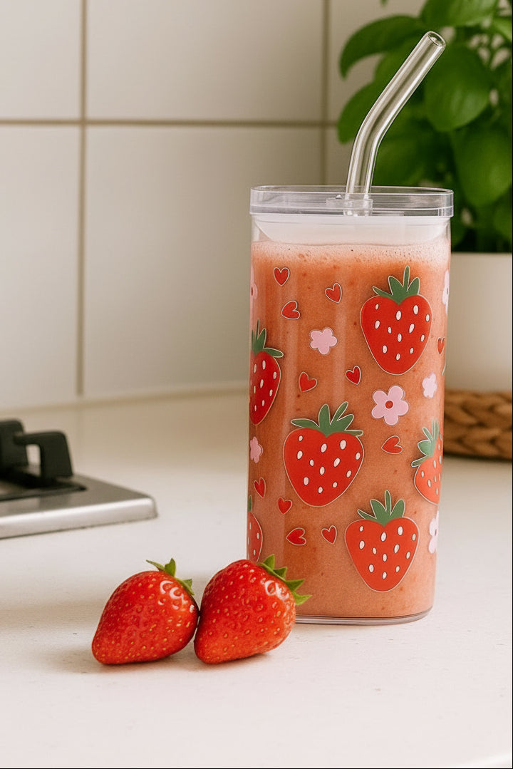 Eckiges Erdbeer-Glasbecher mit Deckel & Strohhalm - 400 ml, auslaufsicher & langlebig