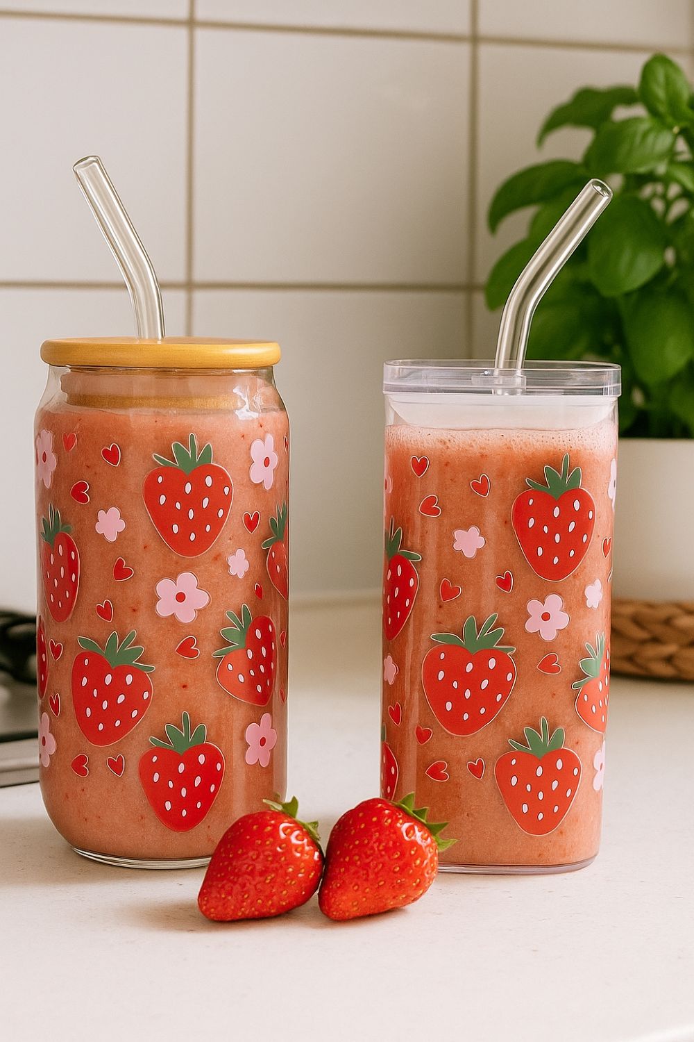 Erdbeer-Glasbecher mit Deckel & Strohhalm - 400 ml, auslaufsicher & langlebig - Stylisches Trinkglas mit Fruchtmotiv