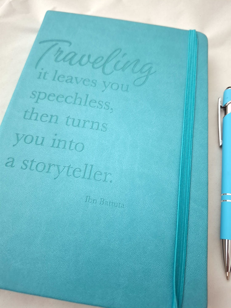 Blanko Reisetagebuch A5 mit Gravur - Travel Journal aus PU-Leder in Türkis