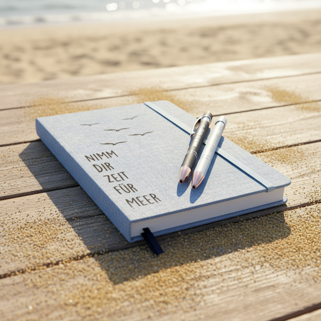 A5 Notizbuch & Kugelschreiber Set „Zeit für Meer“ – Hell- oder Dunkelblau, personalisierbar
