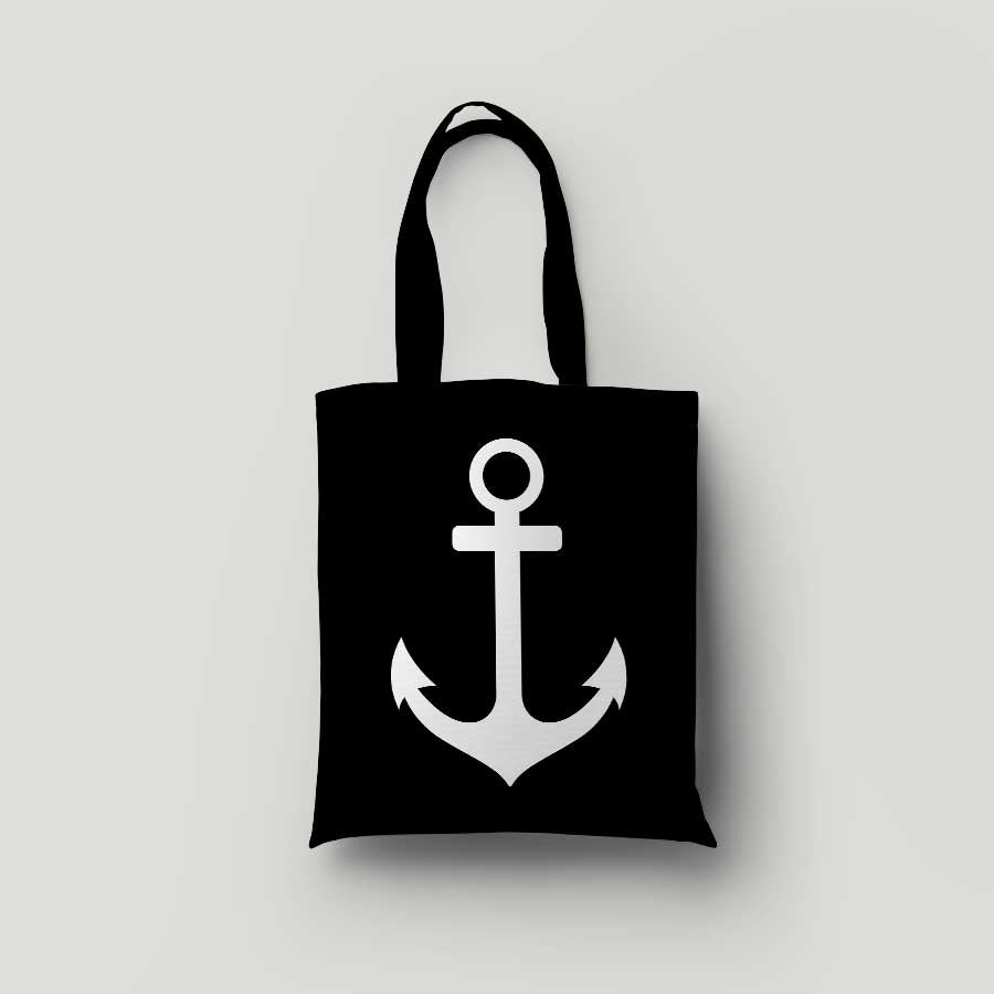 Schwarze Baumwolltasche aus 100 % Bio-Baumwolle mit Motiv ANKER in weiß.