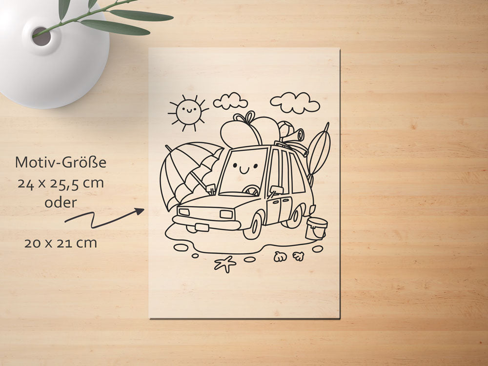 Sommerliches Ausmalmotiv: Auto mit Strandschirm, fröhliche Urlaubsstimmung!