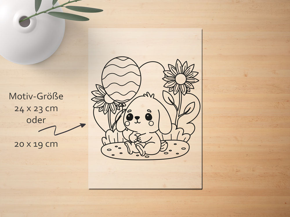 Ein Ausmalbügelbild zeigt einen Hasen mit einem Ballon – perfektes DIY-Projekt für Kinder und kreative Textil-Deko.