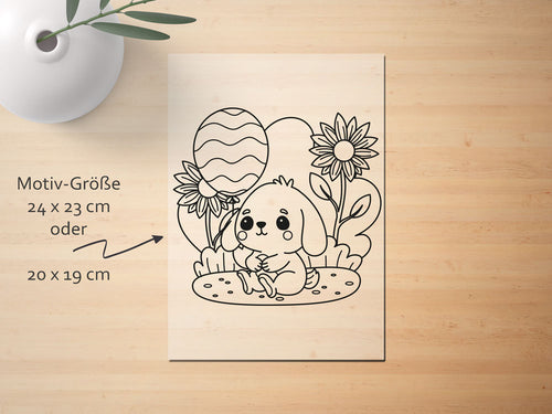 Ein Ausmalbügelbild zeigt einen Hasen mit einem Ballon – perfektes DIY-Projekt für Kinder und kreative Textil-Deko.