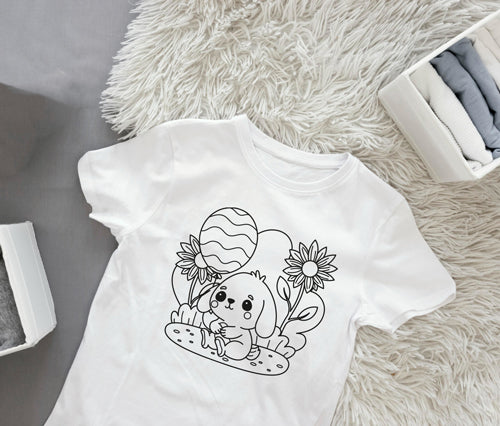 Ausmalbügelbild mit einer süßen Zeichnung eines Hases, der einen Ballon hält – tolles DIY-Projekt für Kinder.