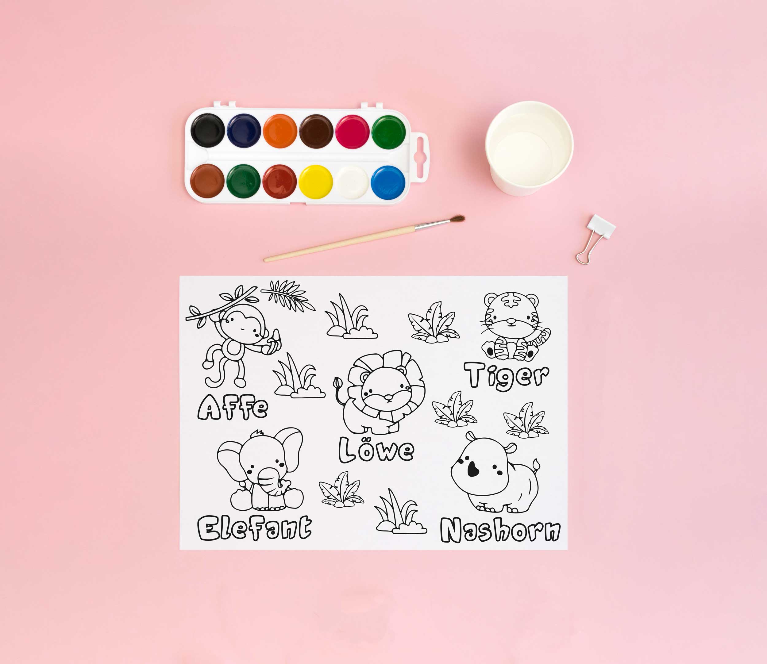 Ausmalposter Tiere A3 für Kinder – Löwe, Tiger, Elefant, Affe & Nashorn | Malvorlage zum Ausdrucken