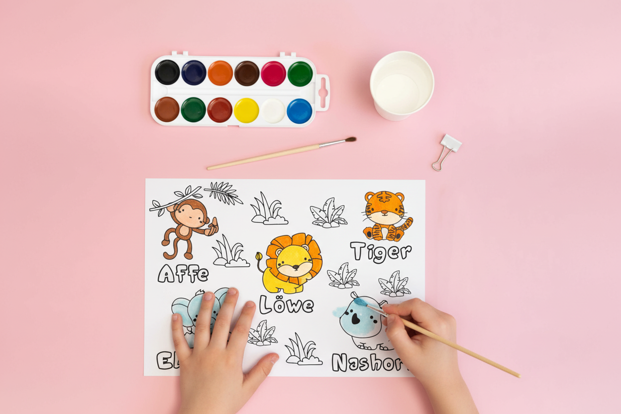 Ausmalposter Tiere A3 für Kinder – Löwe, Tiger, Elefant, Affe & Nashorn | Malvorlage zum Ausdrucken