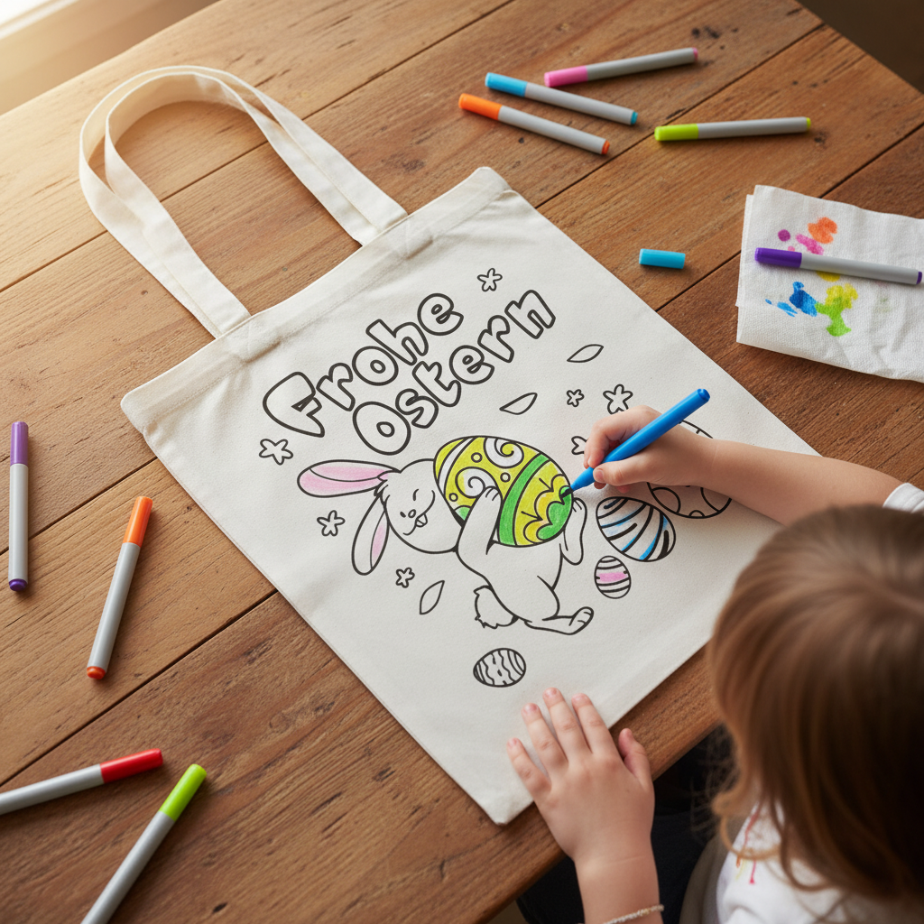 Baumwolltasche zum Ausmalen – Osterhase DIY Stoffbeutel aus Bio-Baumwolle | Fairtrade Ostertasche