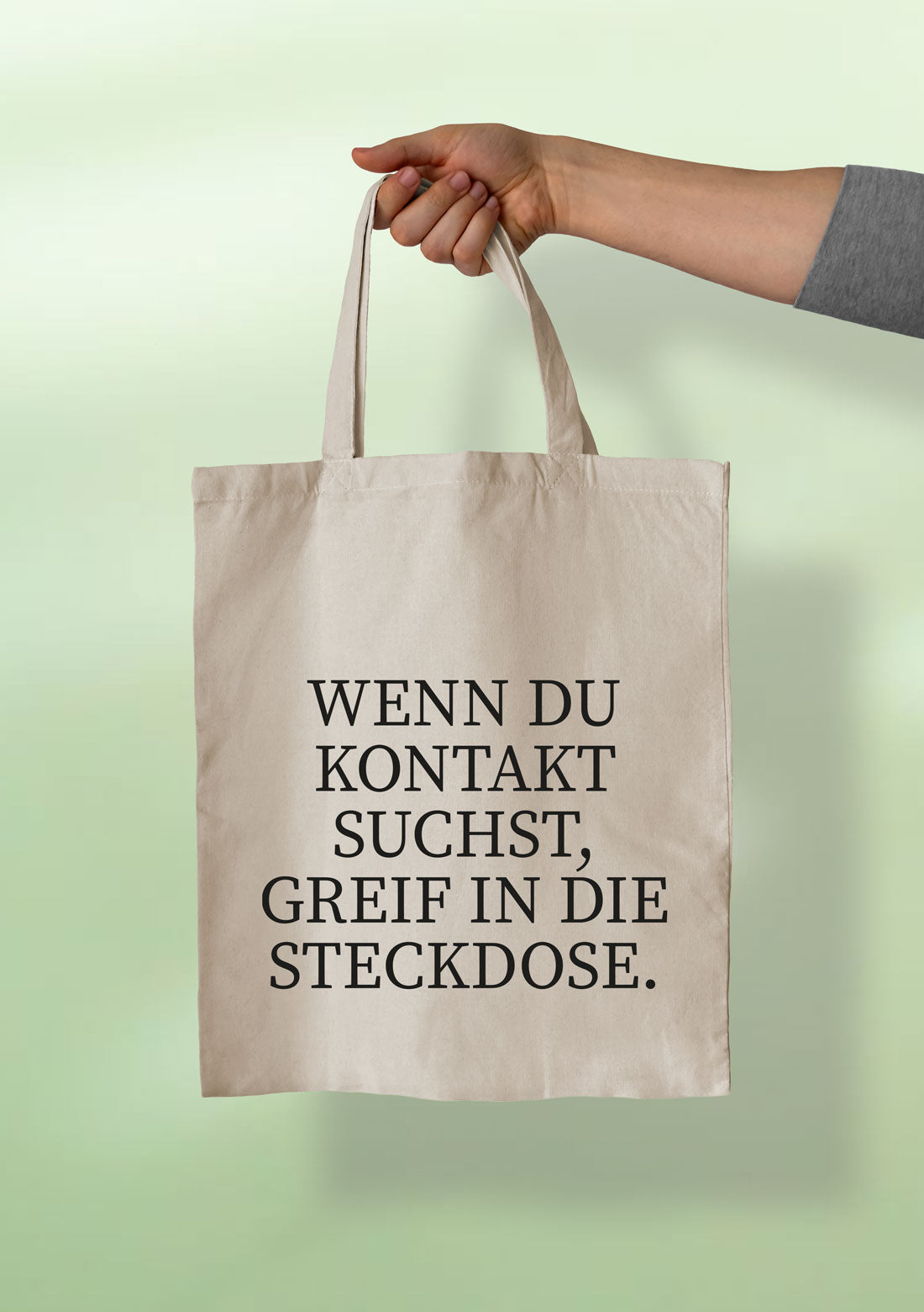 Baumwolltasche mit Spruch „Wenn du Kontakt suchst, greif in die Steckdose“ | Statement Tasche kurz Henkel (38x42 cm)