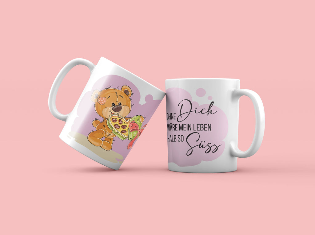 bedrucktes Becher zum Valentinstag oder für den/die Liebsten
Bärchen mit Pralinenschachtel und Text "ohne dich wäre mein Leben halb so Süss"