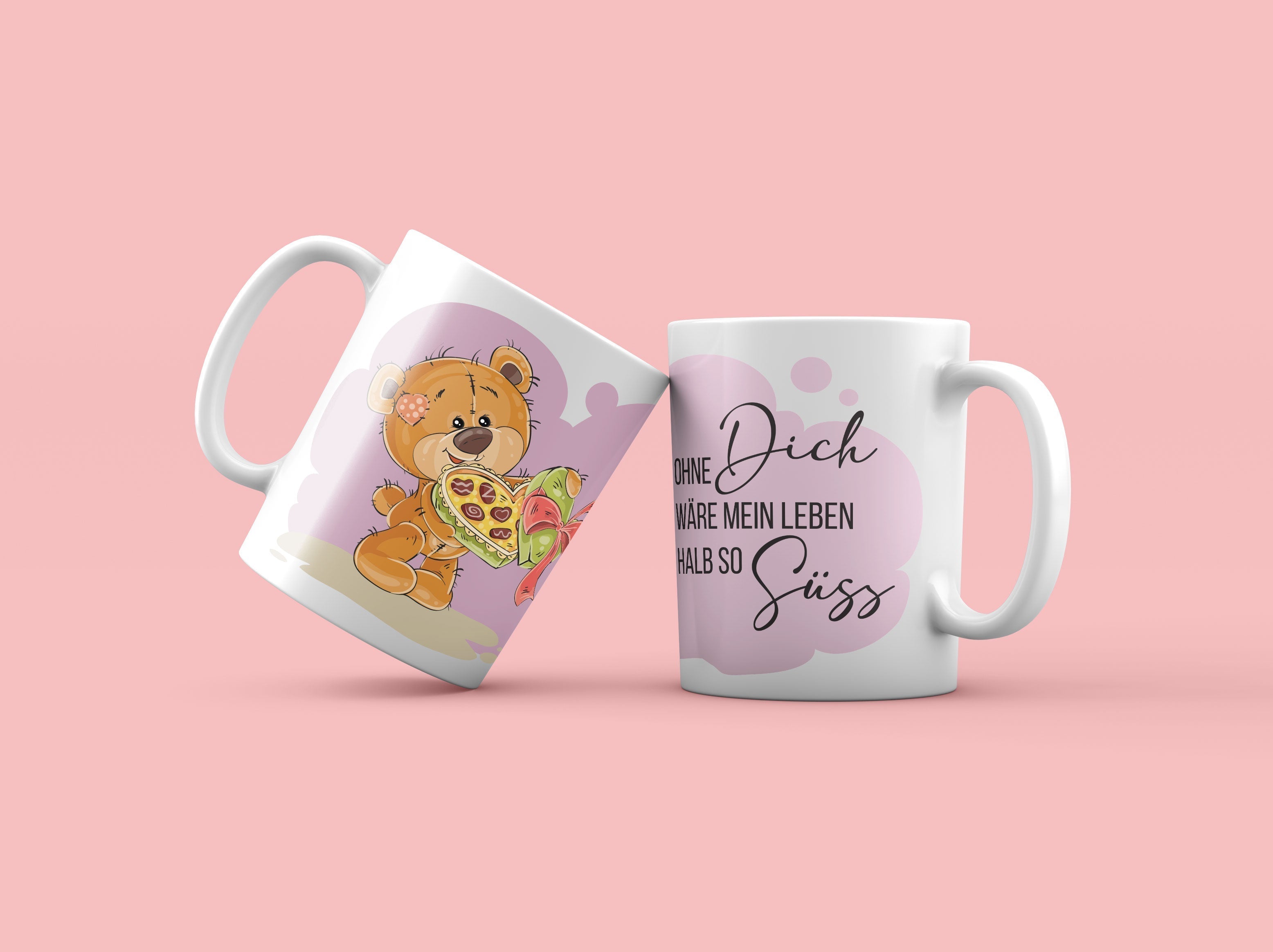 bedrucktes Becher zum Valentinstag oder für den/die Liebsten
Bärchen mit Pralinenschachtel und Text "ohne dich wäre mein Leben halb so Süss"