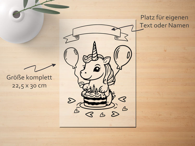Ausmalbügelmotiv - EINHORN MIT GEBURTSTAGSKUCHEN - AC Designs