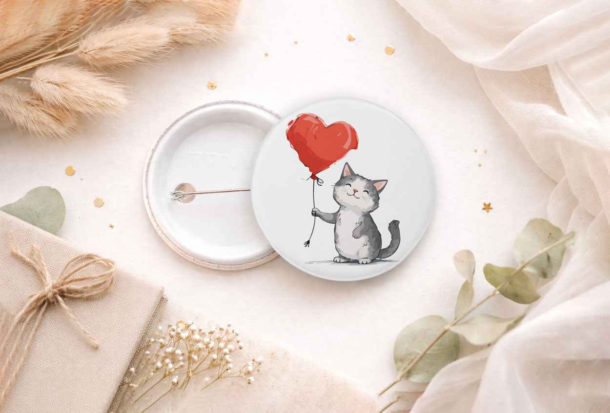 44 mm Button - Süße Katze mit Herz Ansteckbutton