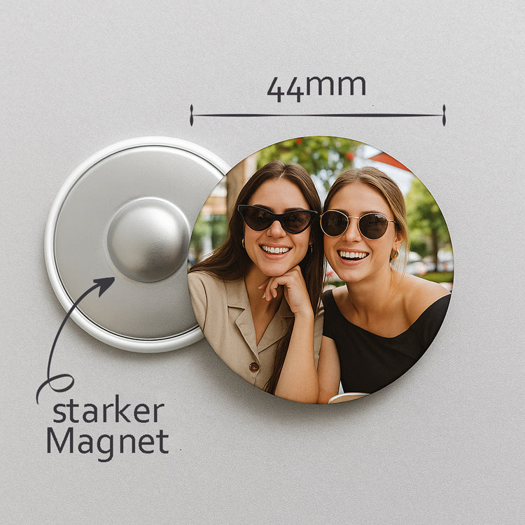 Magnetbutton 44 mm rund – Dein individuelles Kühlschrank-Abzeichen mit starkem Magnet