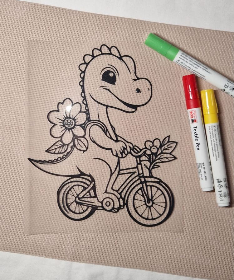 Ausmalbügelmotiv - DINO AUF EINEM FAHRRAD - AC Designs