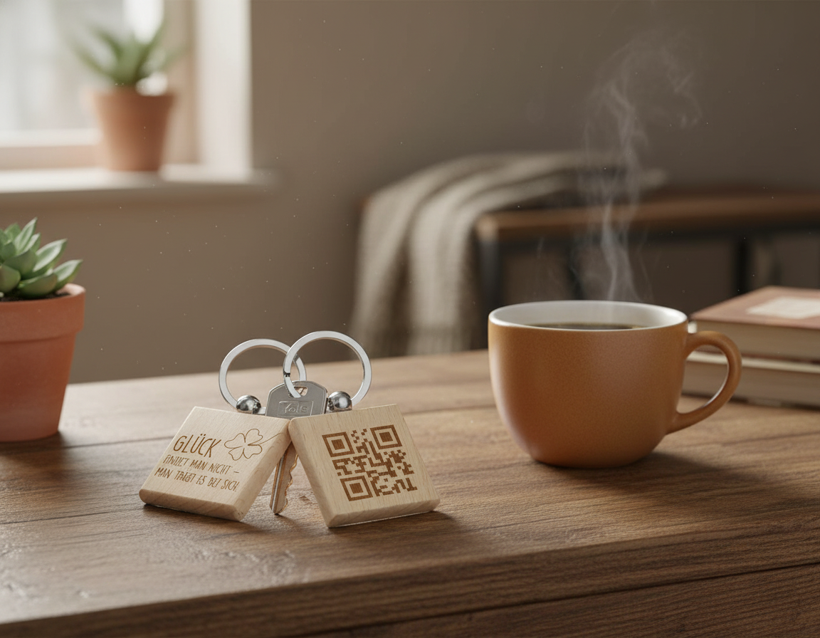 Quadratischer Buchenholz-Schlüsselanhänger mit Lasergravur & QR-Code für Notfallnummer