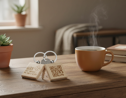 Quadratischer Buchenholz-Schlüsselanhänger mit Lasergravur & QR-Code für Notfallnummer