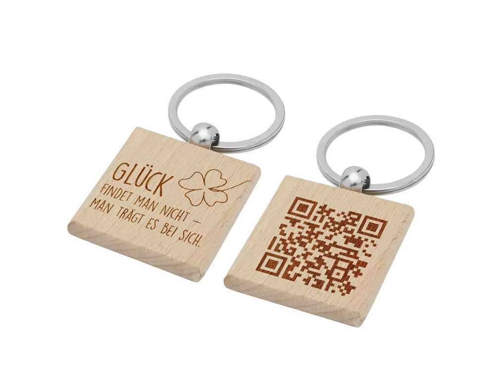 Quadratischer Buchenholz-Schlüsselanhänger mit Lasergravur & QR-Code für Notfallnummer