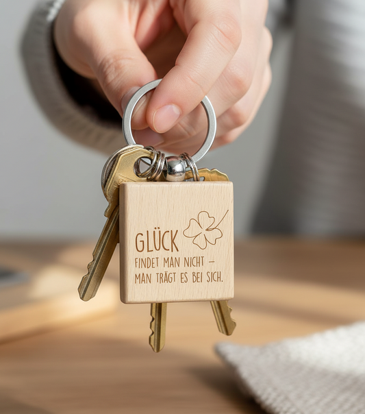 Quadratischer Buchenholz-Schlüsselanhänger mit Lasergravur & QR-Code für Notfallnummer