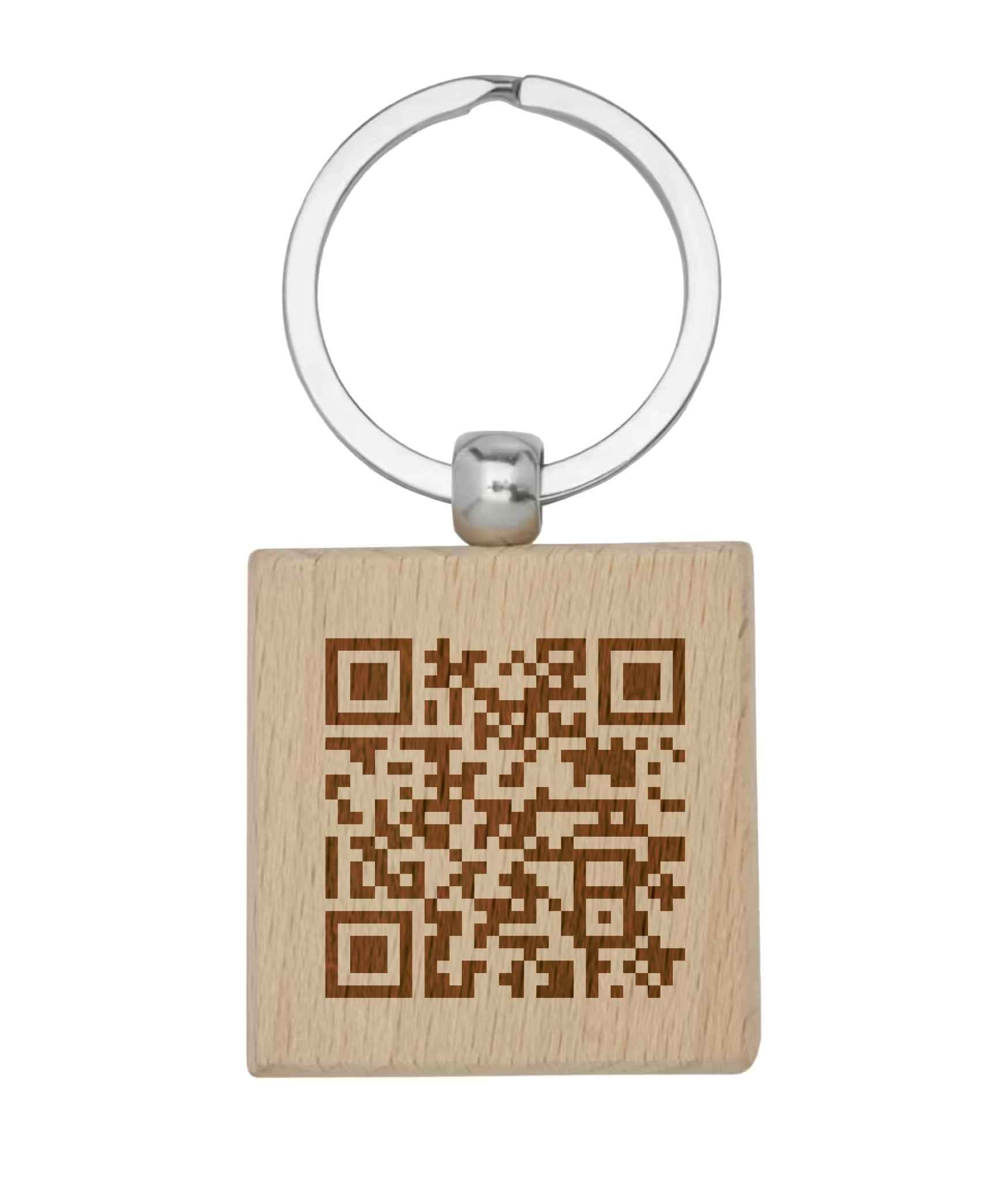 Quadratischer Buchenholz-Schlüsselanhänger mit Lasergravur & QR-Code für Notfallnummer