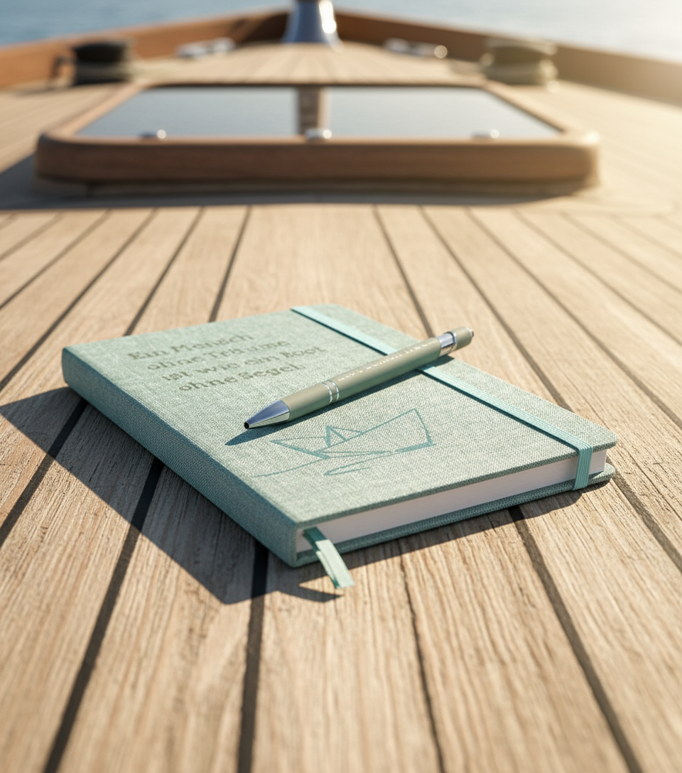 A5 Notizbuch „Ein Mensch ohne Träume…“ mit Gravur & Kugelschreiber - Boot Motiv in Flock, personalisierbar