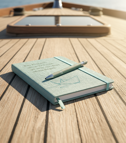 A5 Notizbuch „Ein Mensch ohne Träume…“ mit Gravur & Kugelschreiber - Boot Motiv in Flock, personalisierbar
