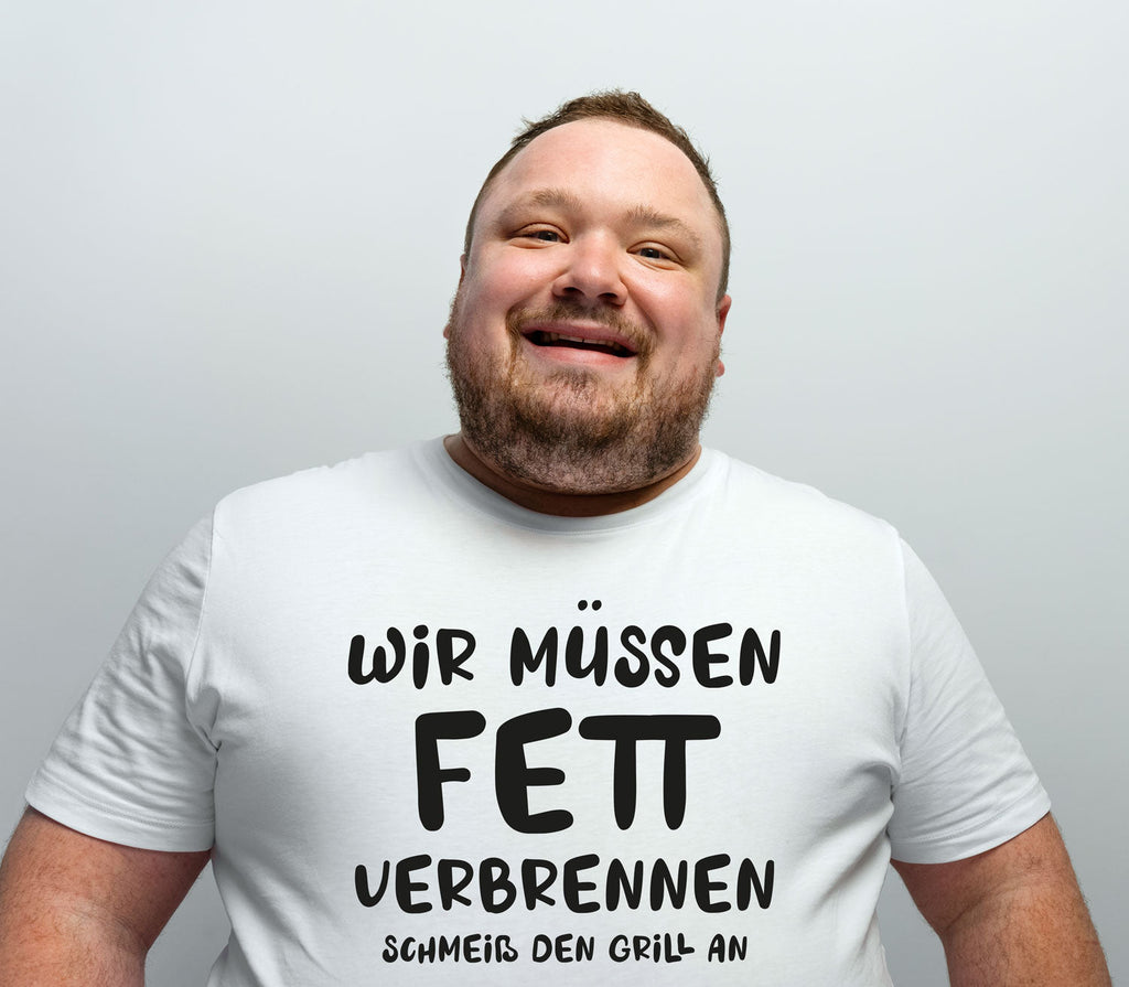 Lass uns Fett verbrennen – Schmeiß den Grill an!“ Bügelmotiv | Grillspruch für T-Shirt & Schürze (2 Größen, mehrfarbig) - AC Designs