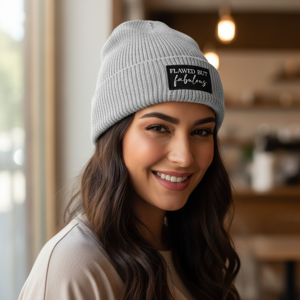 Statement Patch Beanie Hellgrau - „flawed but fabulous“
