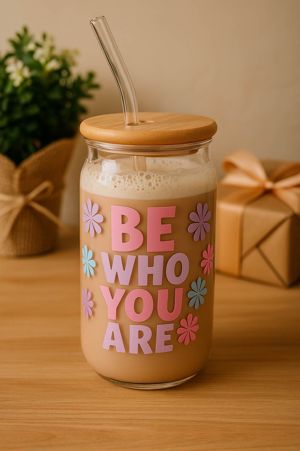 Handgefertigter Glasbecher mit Holzdeckel und Glasstrohhalm – BE WHO YOU ARE