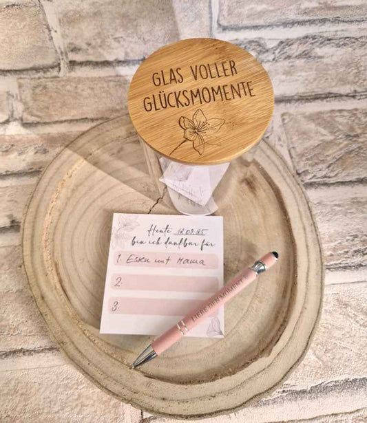Dankbarkeits-Set – Glas voller Glücksmomente mit graviertem Deckel, Notizblock & Kugelschreiber