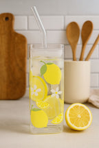 Eckiges Zitronen-Glasbecher mit Deckel & Strohhalm – auslaufsicher, stylisch & langlebig