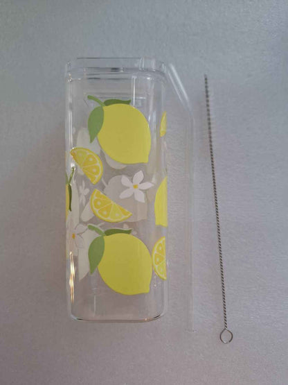 Zitronen-Glasbecher mit Deckel & Strohhalm – auslaufsicher, stylisch & langlebig
