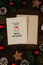 Grußkarte Weihnachten „MERRY CHRISTMAS“ mit Rentier – Handgemacht aus Graspapier mit 3D-Flockelementen, inkl. Umschlag, DIN A5