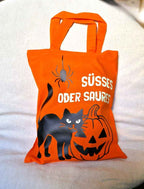 Halloween Mini Bag Orange – „Süßes oder Saures“ Baumwolltasche mit Leuchtfolie & schwarzem Druck – 100% Baumwolle, 140 g/m²
