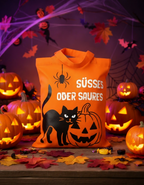 Halloween Mini Bag Orange – „Süßes oder Saures“ Baumwolltasche mit Leuchtfolie & schwarzem Druck – 100% Baumwolle, 140 g/m²